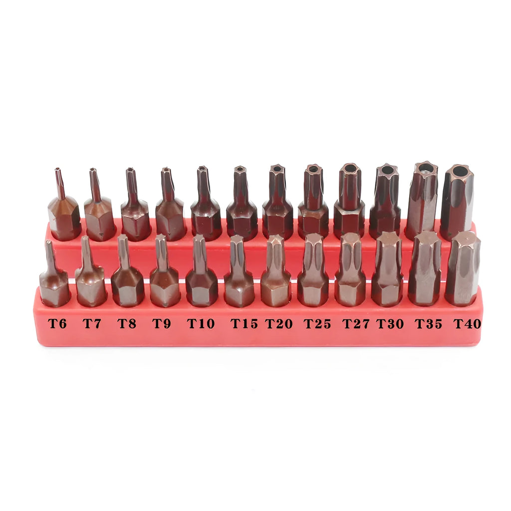 Black steel screwdriver bits T6 to T40 with hollow and solid hex heads on a magnetic strip.