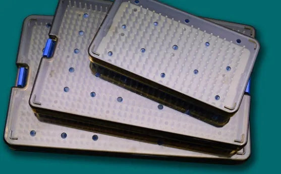 Silicone disinfection box in three sizes for ultrasonic or UV sterilisation of small items.