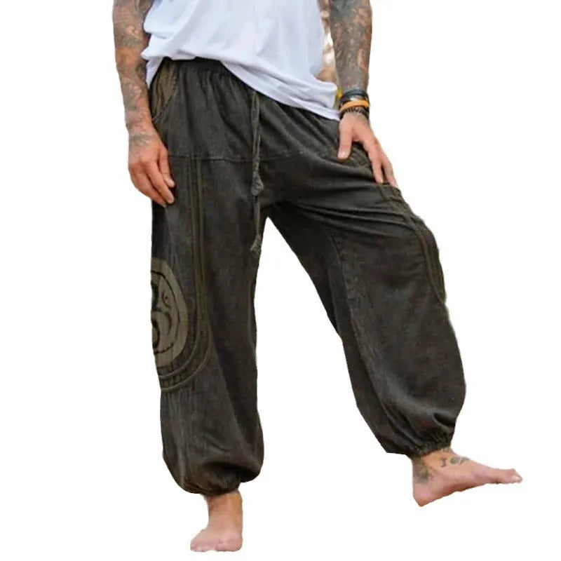Dark green ethnic pattern men's ankle-tied casual trousers