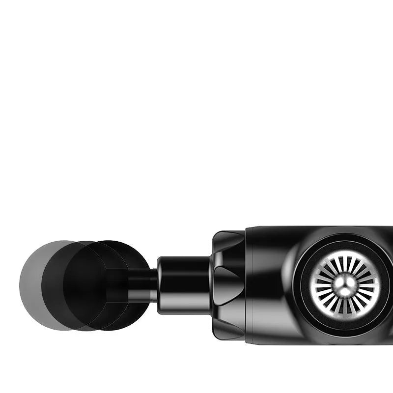 Black and white cordless massage gun with deep tissue 12mm stroke.
