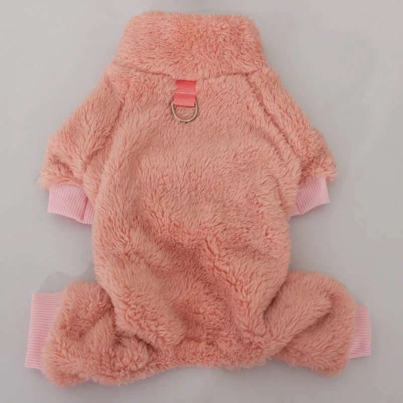 Double-sided plush dog winter clothes with high collar and towing ring in khaki, pink or blue colours
