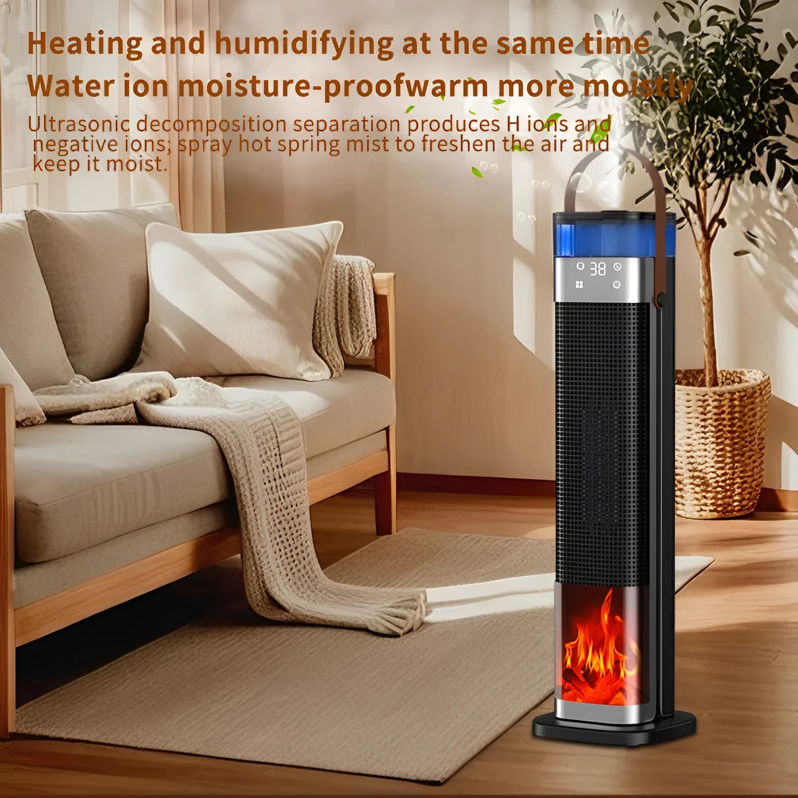 Slim vertical heater with voice control and remote for rooms up to 30 square metres.