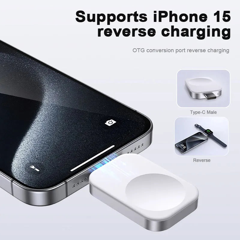 Compact black three-in-one magnetic wireless charger for iPhone, Apple Watch and AirPods.