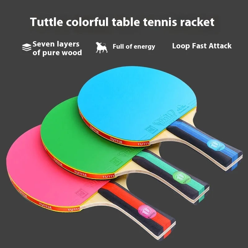 Pure wood table tennis racket with long blue shakehand grip handle and matching blue racket cover.