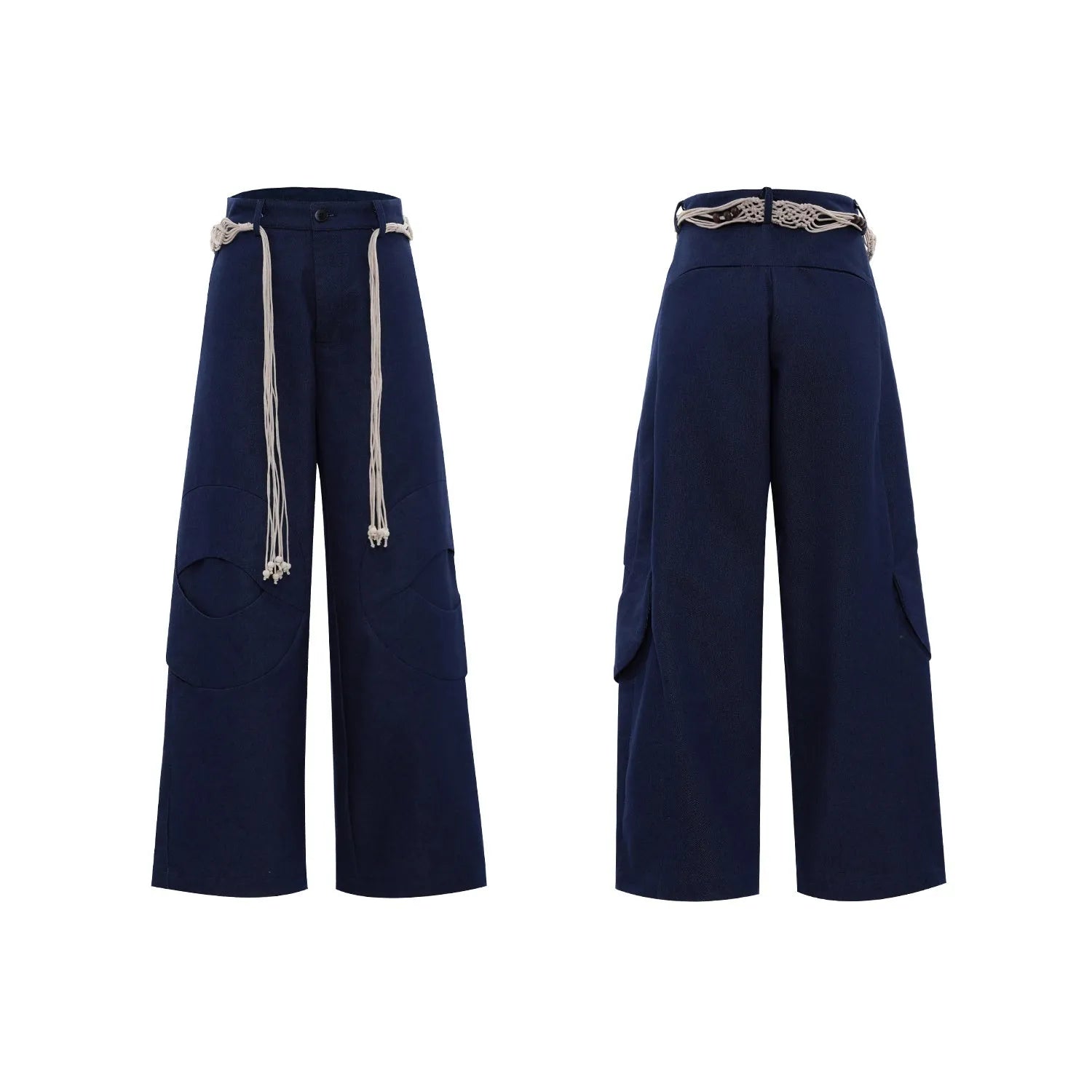 Men's dark blue straight-leg cotton jeans with heavy stitching on the belt and tassel pocket details.