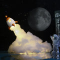 DIY astronaut rocket night light kit components including rocket model, LED string lights, chassis and assembly materials
