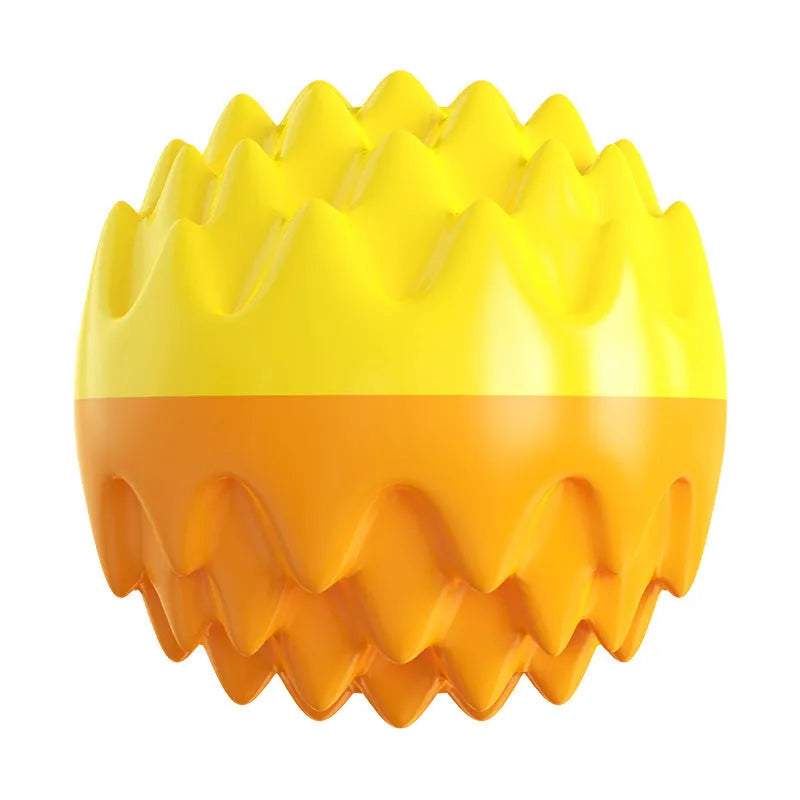 Blue rubber dog ball with spiky texture for dental cleaning and squeaky sounds