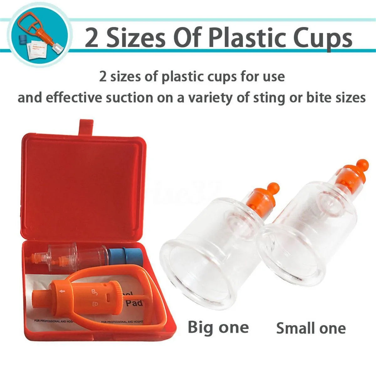Orange portable venom extractor suction device first aid kit with pump, two suction cups, and accessories.