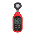 Mini lux meter UT383 with backlit display showing light reading in handheld use