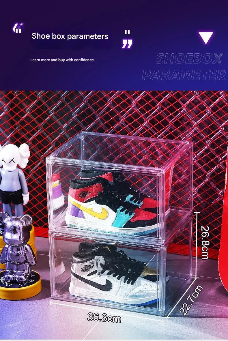 Clear acrylic shoe storage box with magnetic side door showing visible shoe organisation