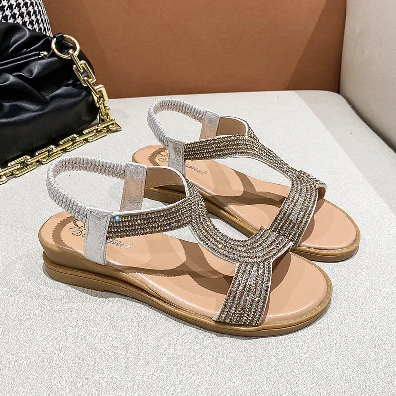 Gold patent leather women's sandals with rhinestones and round toe