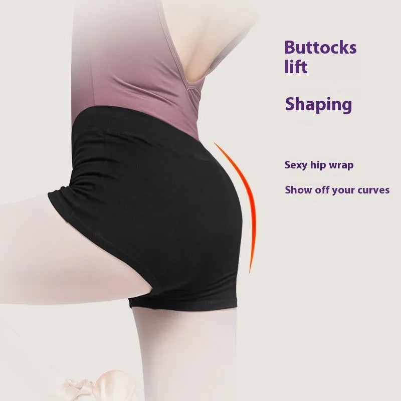 Black cotton ballet practice shorts for women laid flat, showing size label.