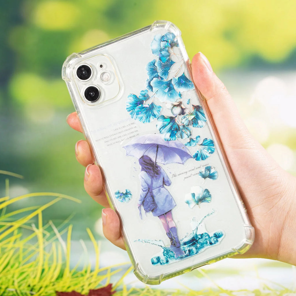 Roll of PET decorative stickers showing leaf patterns including ginkgo and maple designs, 40mm wide