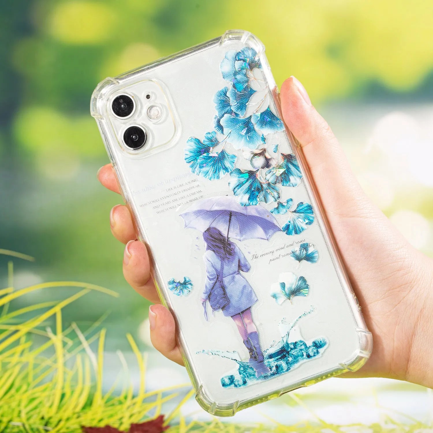 Roll of PET decorative stickers showing leaf patterns including ginkgo and maple designs, 40mm wide