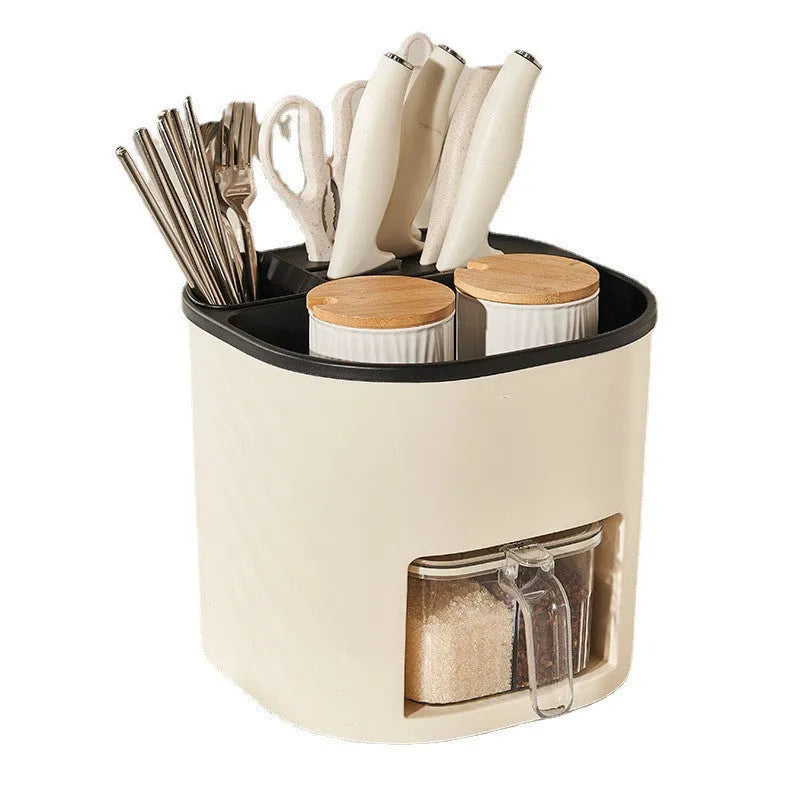 White rotating kitchen storage container with cutlery holder and four-section spice box organiser.