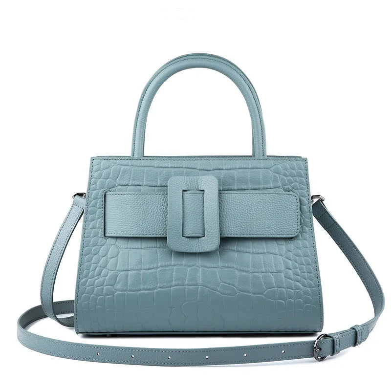 Women's genuine leather crossbody bag with crocodile pattern, double shoulder straps, available in Cloudy Blue
