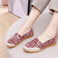 Women's ethnic style cloth shoes with colour stitching, cotton lining, and flat heel in shallow mouth design