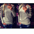 Women's knitted pullover shirt with crocheted hollow-out long sleeves in grey colour