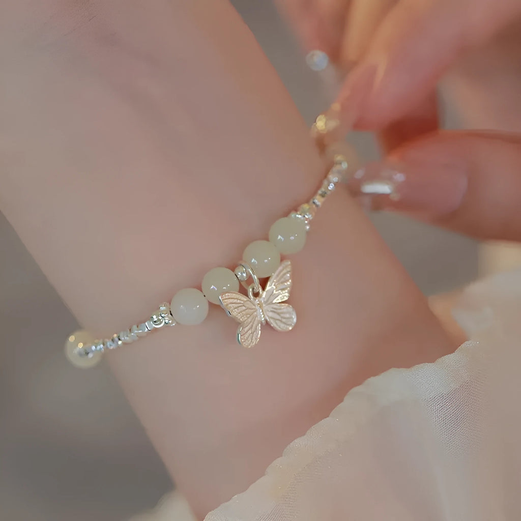 Hetian jade and silver butterfly bracelet and necklace set for women on electroplated copper