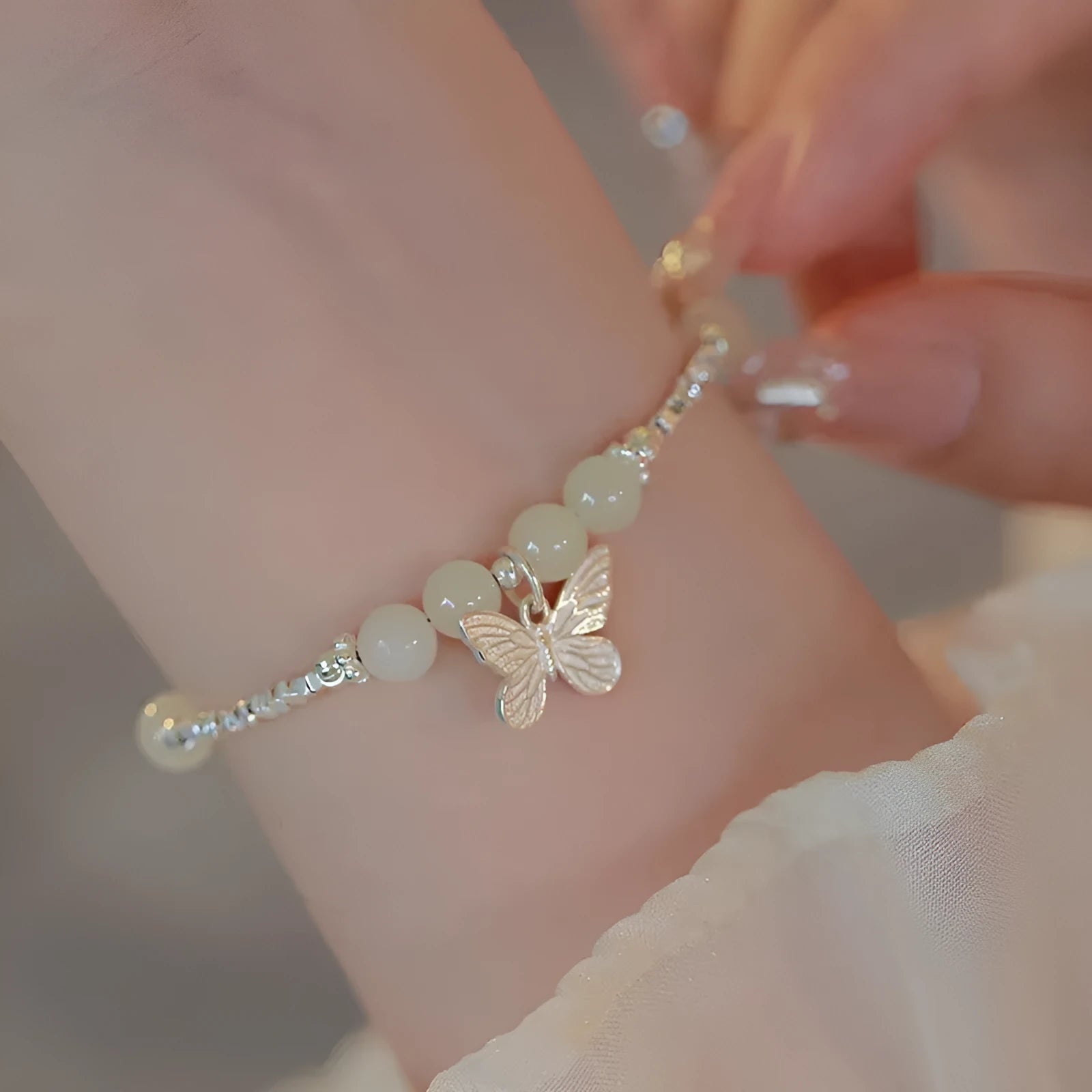 Hetian jade and silver butterfly bracelet and necklace set for women on electroplated copper