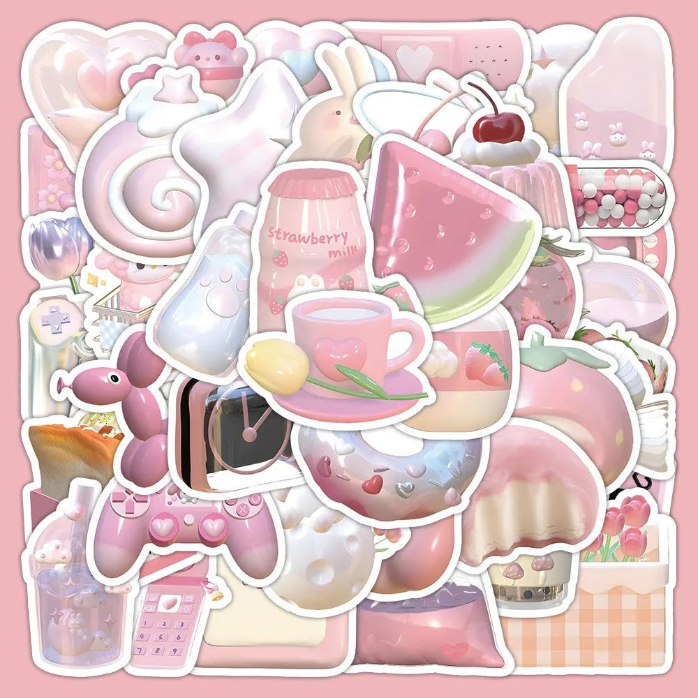Pack of 63 pink 3D heart decorative stickers with cute style and adhesive backing.