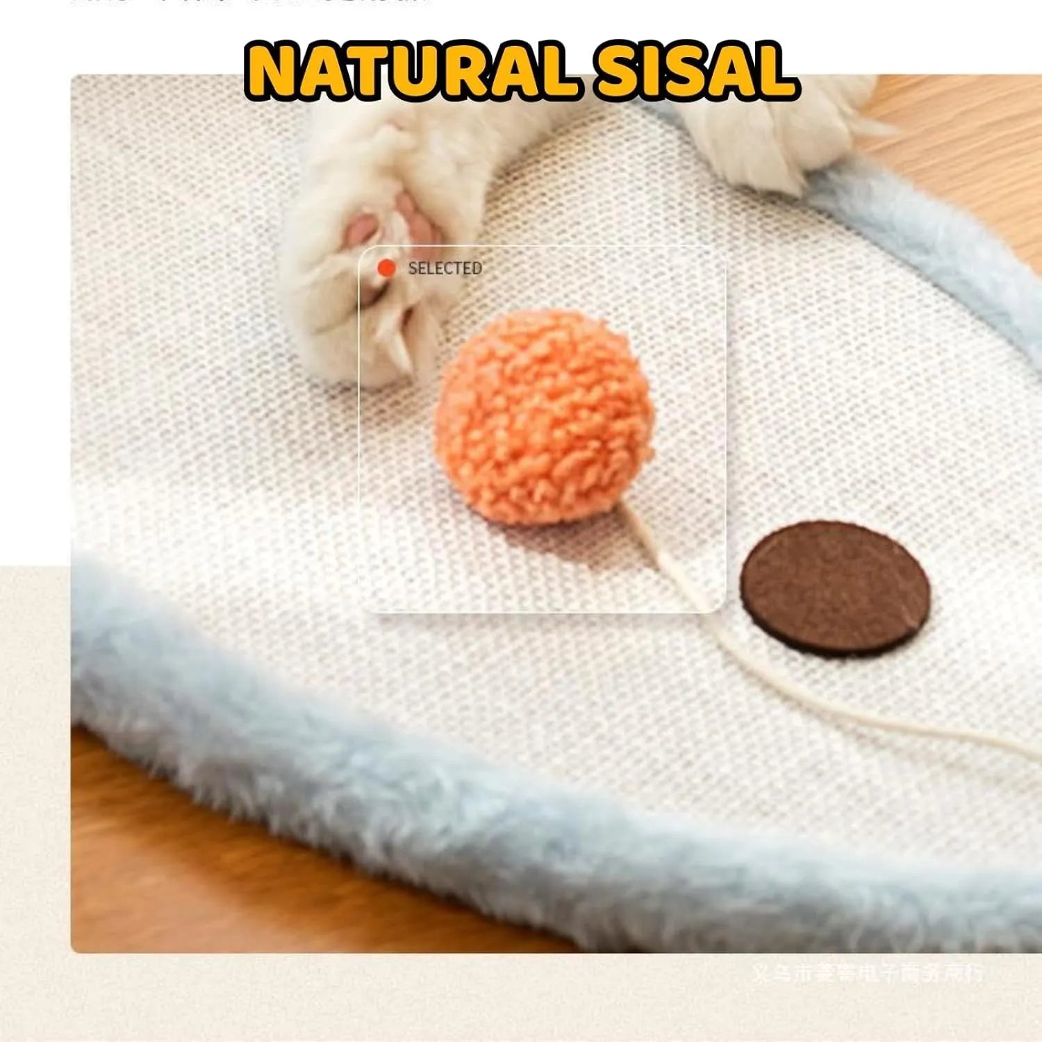 White wall mounted cat scratching mat with sleeping cat cartoon design on natural sisal.