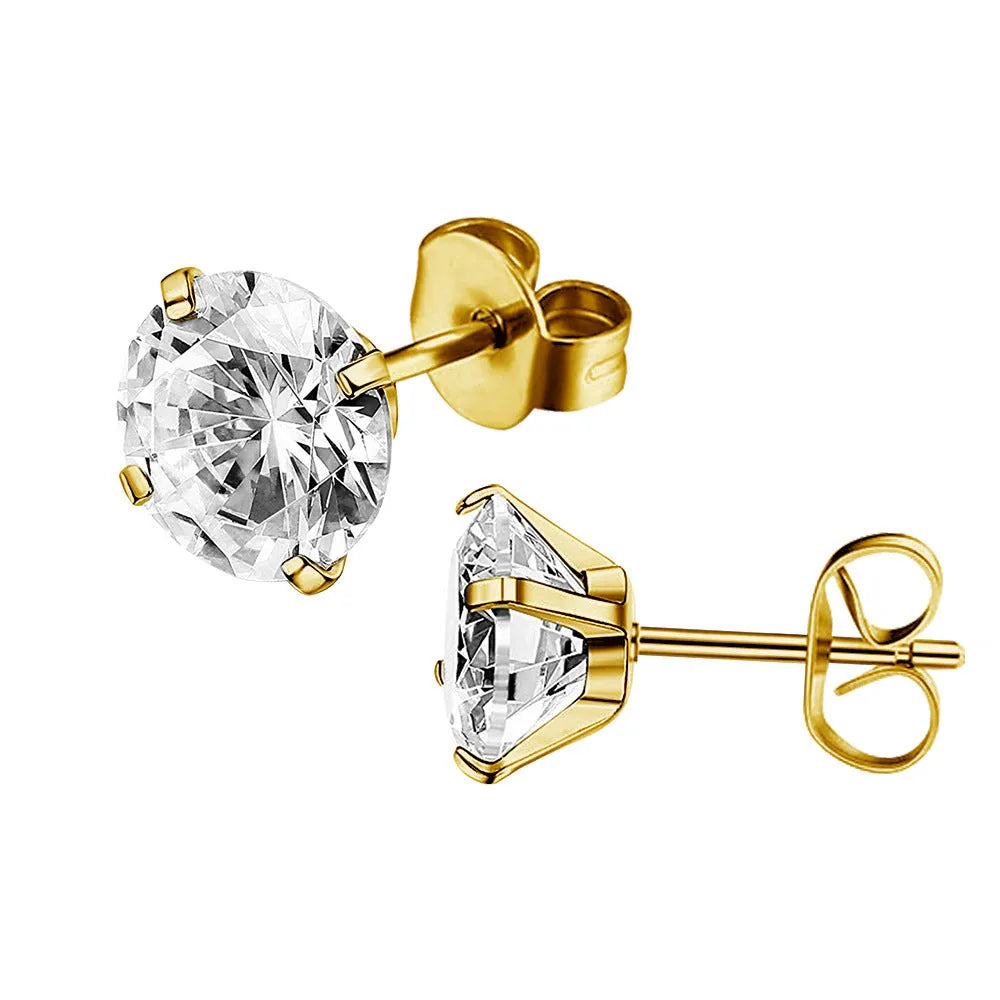 Titanium steel geometric square zircon stud earrings in gold and steel colour finishes