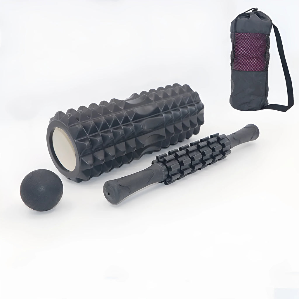 Black foam roller massage bar measuring 33cm with PVC grip pieces