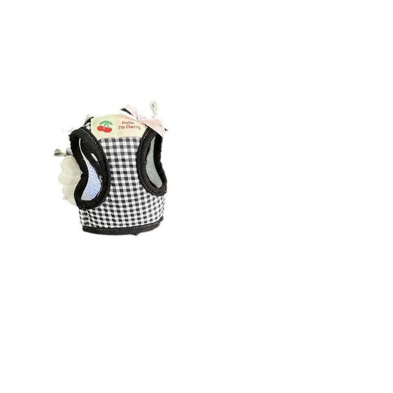 Pink and black cotton hands-free dog harness lead for small dogs showing chest and back straps.