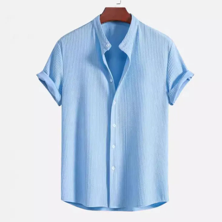Men's loose short sleeve polyester summer shirt in navy blue.