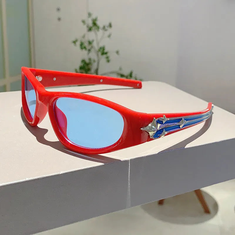 Windproof outdoor sports sunglasses with a PC frame and lens, shown in a black frame with blue lens colour option.
