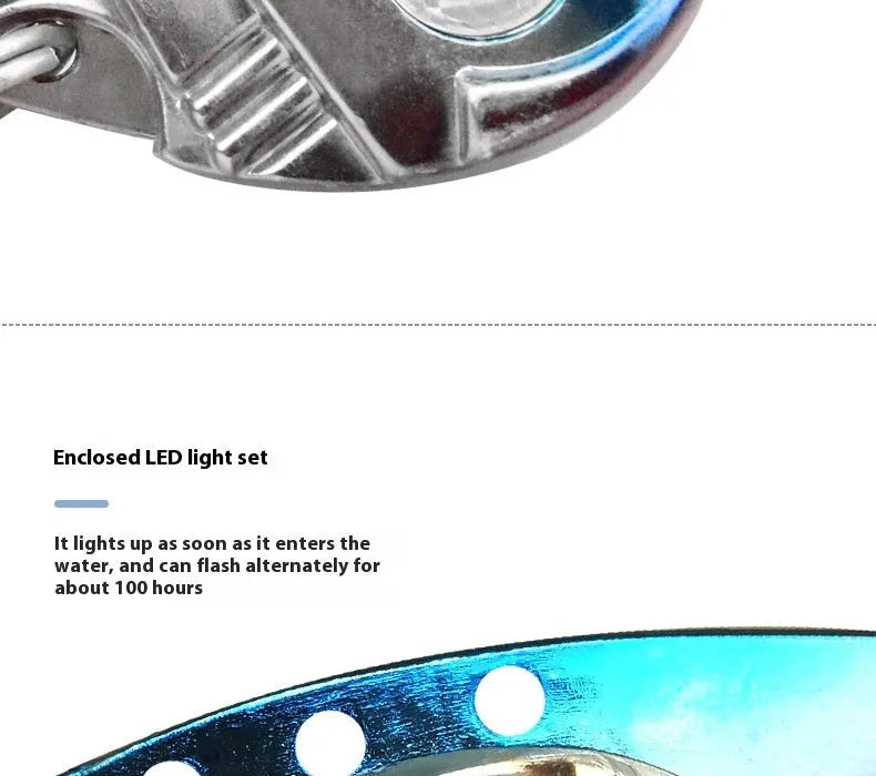 Electronic fishing lure with luminous metal vib body in blue and red colour options