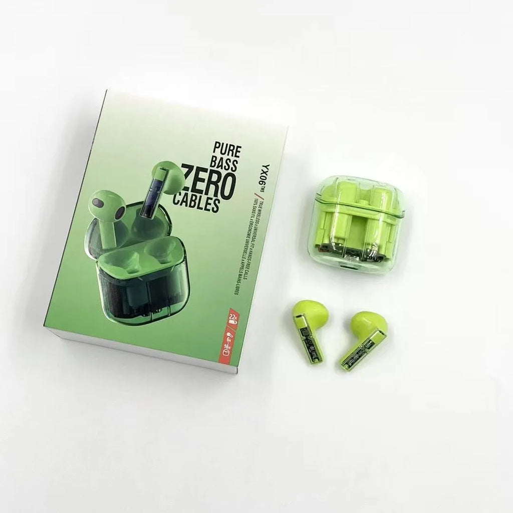 YX06 transparent wireless TWS headphones in black, green, orange, and white colours with charging case
