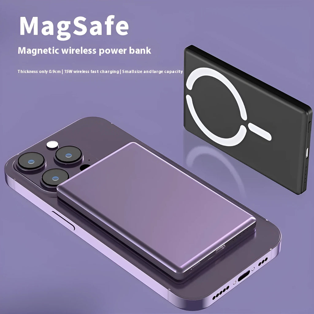 Ultra-thin alloy magnetic power bank in black showing 9mm thickness and compact dimensions