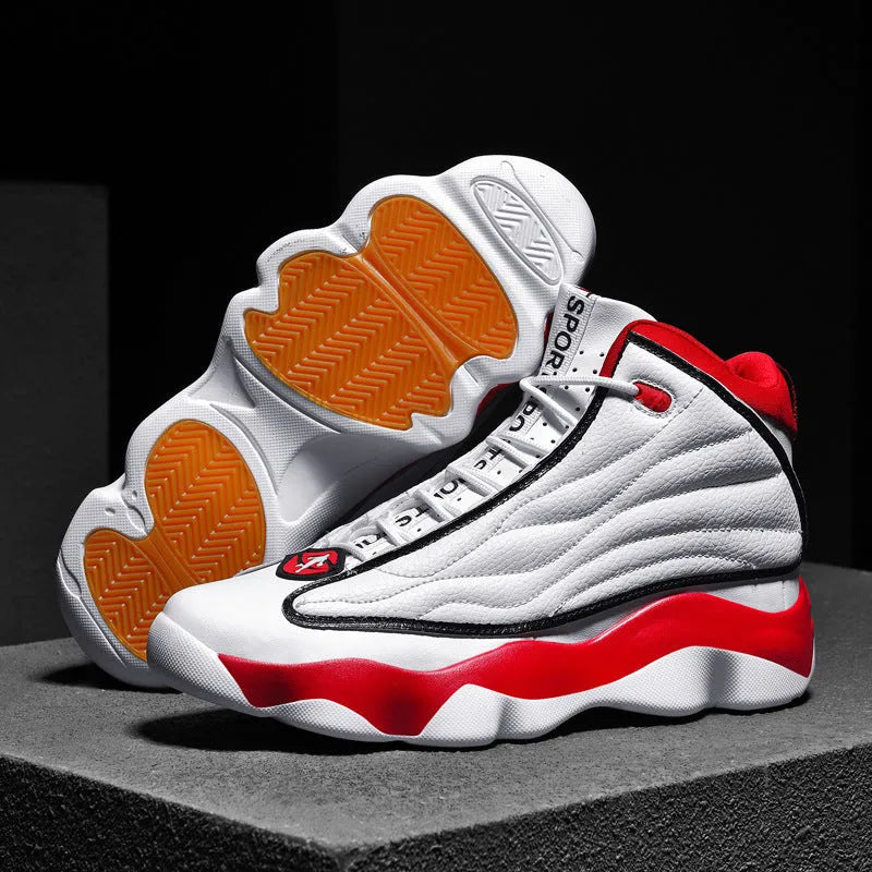 Men's high-top basketball shoe in AJ13 colour with mesh upper and thick rubber sole.