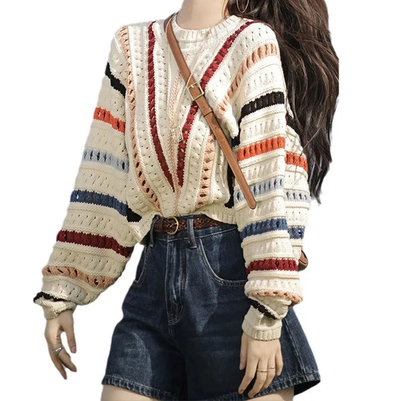 Rainbow striped hollow sweater with batwing sleeves and round neck in poly-cashmere blend