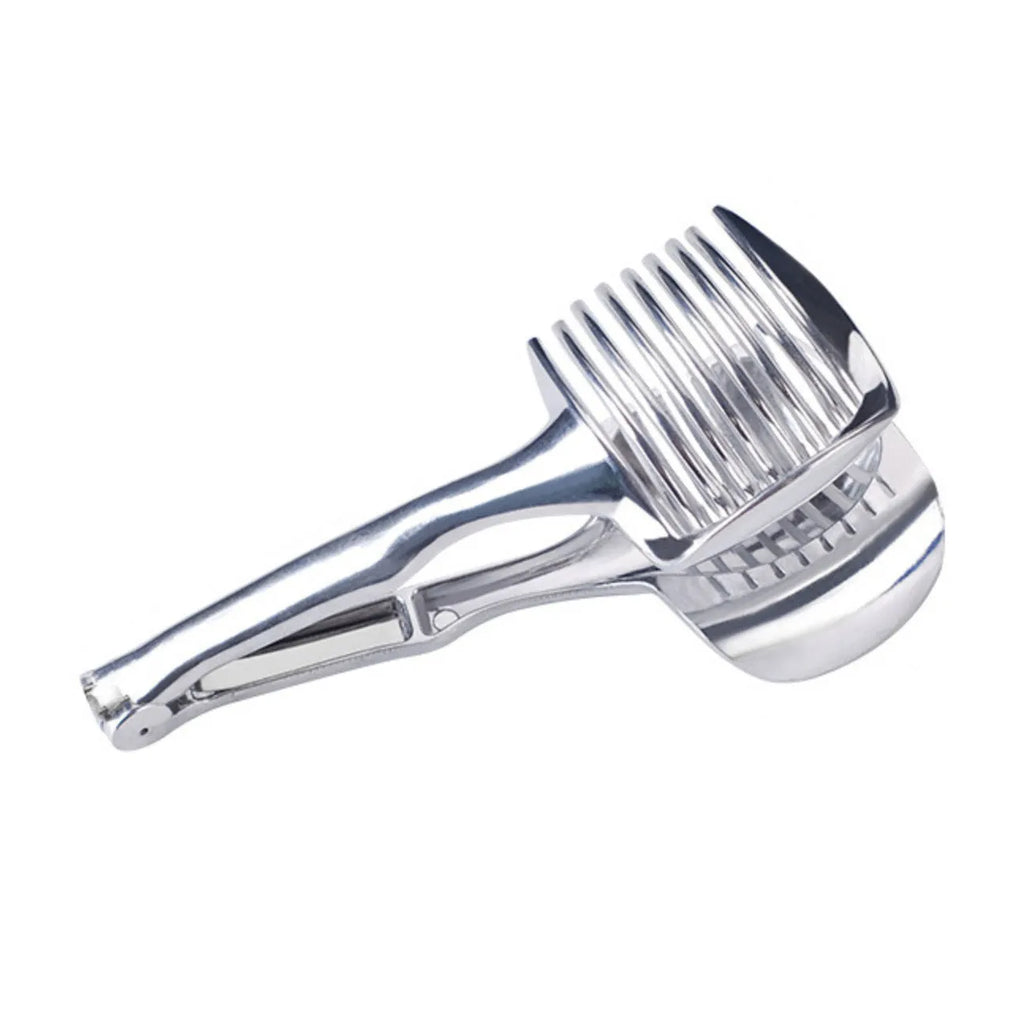 Silver plastic lemon slicer kitchen gadget for cutting fruits and vegetables