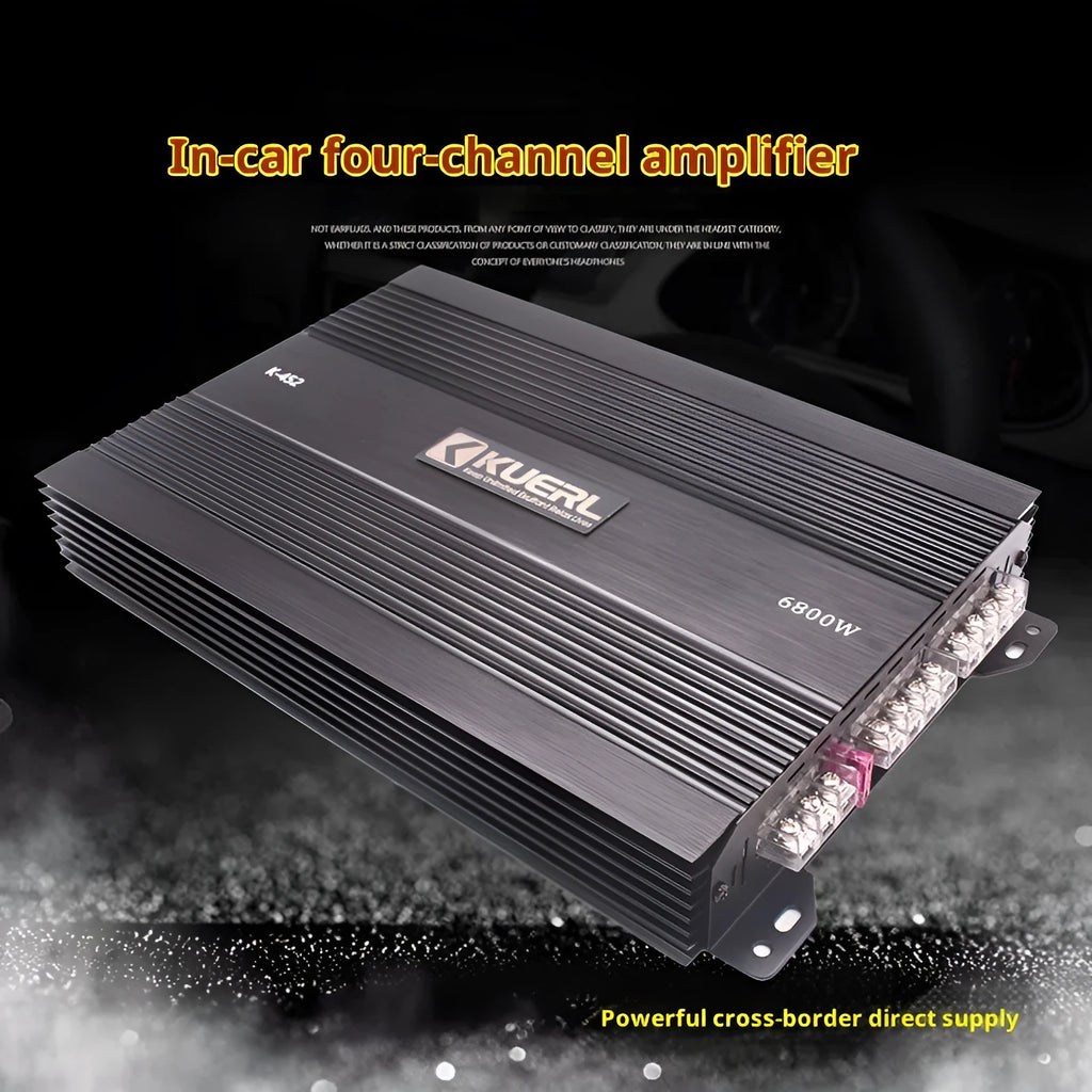 Black K-452 four-channel 12V car amplifier with aluminium alloy casing and power output of 4x75W