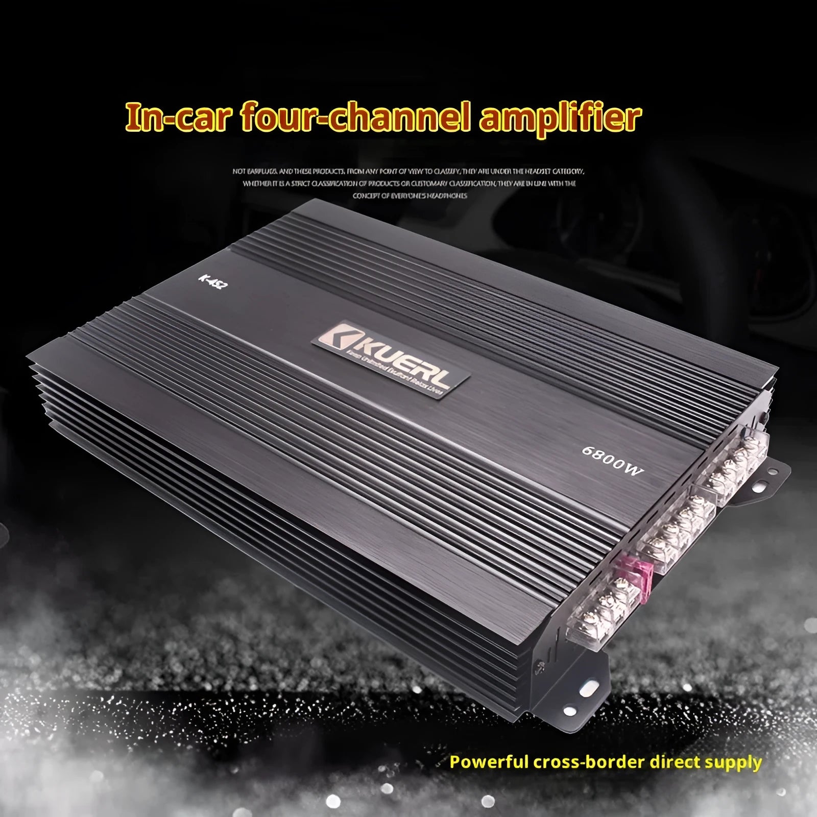 Black K-452 four-channel 12V car amplifier with aluminium alloy casing and power output of 4x75W