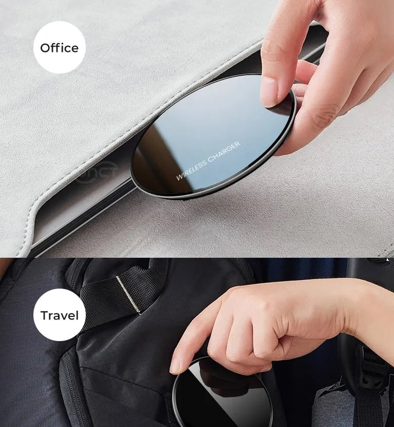 Black QI wireless charging pad with smooth surface and silicone non-slip base for 15W fast charging