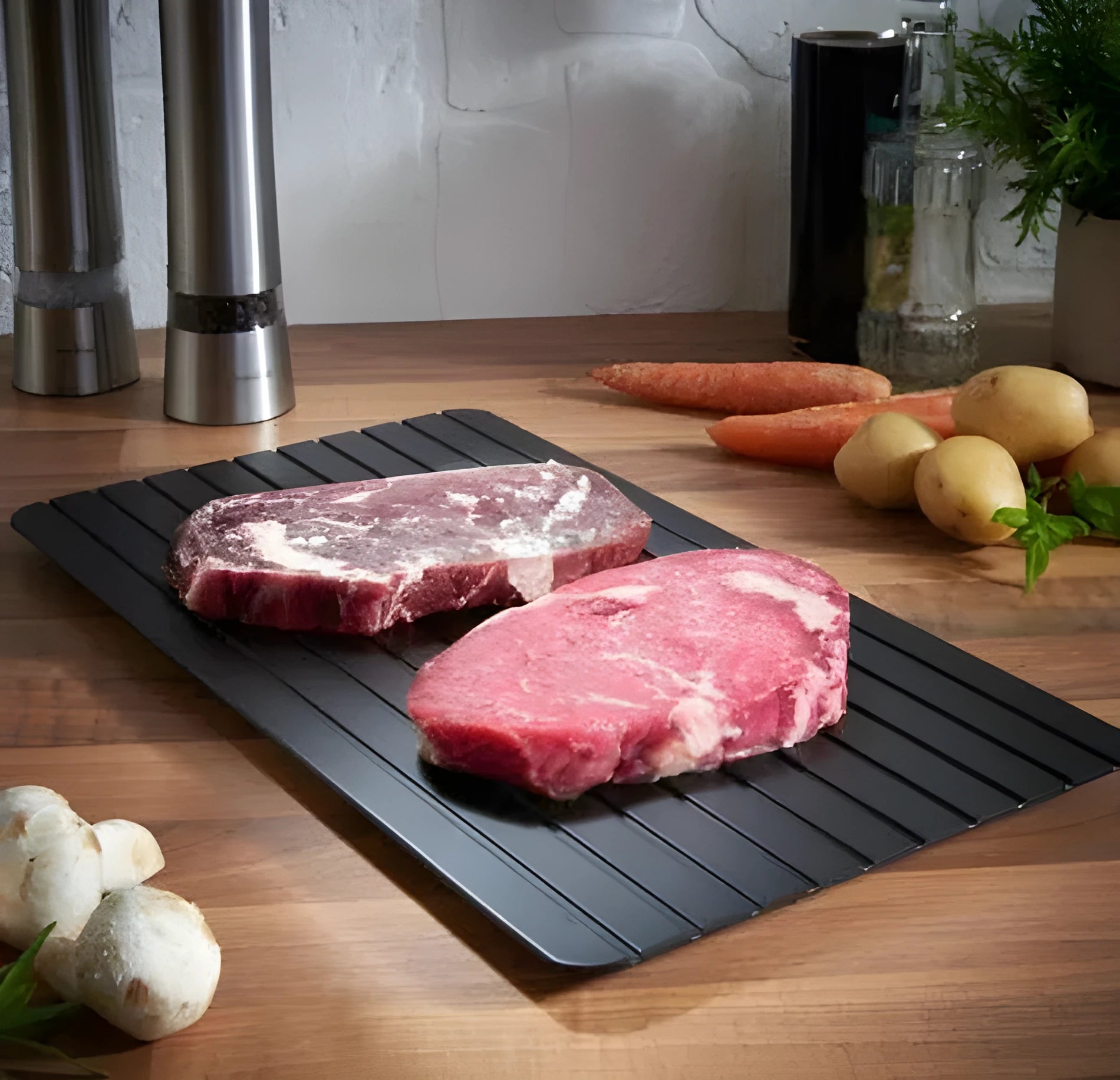 Black aluminium quick defrosting tray for thawing meat and frozen food on a kitchen counter.