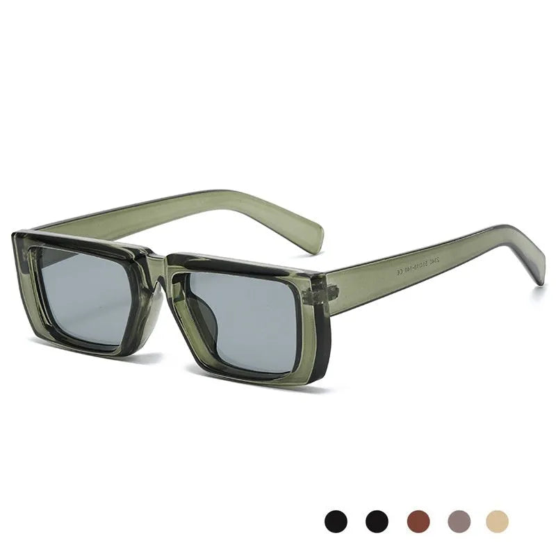 Y2K-style UV400 sunglasses in various frame colours including blue, green, and transparent grey on a plain background