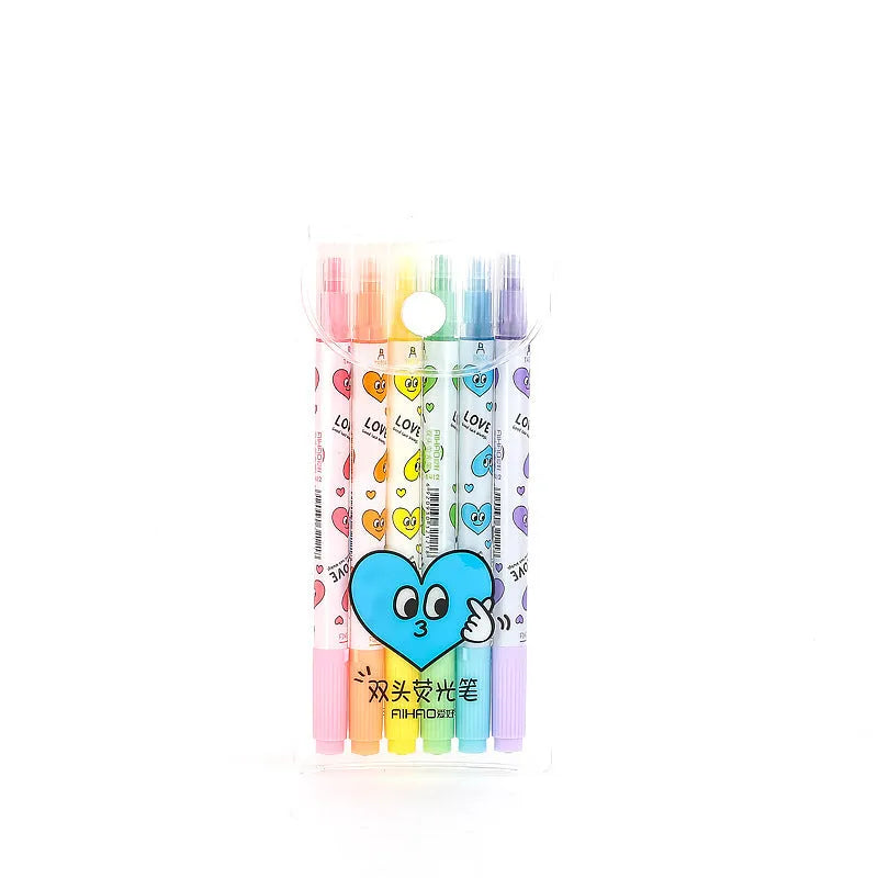 Set of six double-headed watercolour highlighters showing pink, orange, yellow, green, blue, and purple colours.
