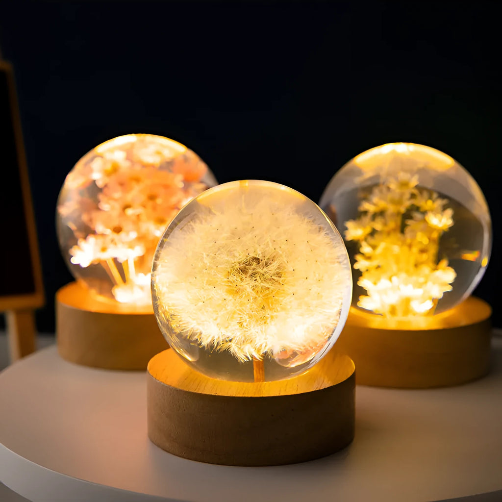 Luminous 3D dandelion crystal ball night light on a beech wood stand