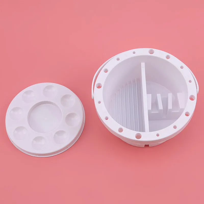 White cylindrical plastic brush holder for painting, 16.5 cm diameter