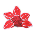 Dog wearing Halloween demon hat costume with open chomper mouth and flower headband accessory