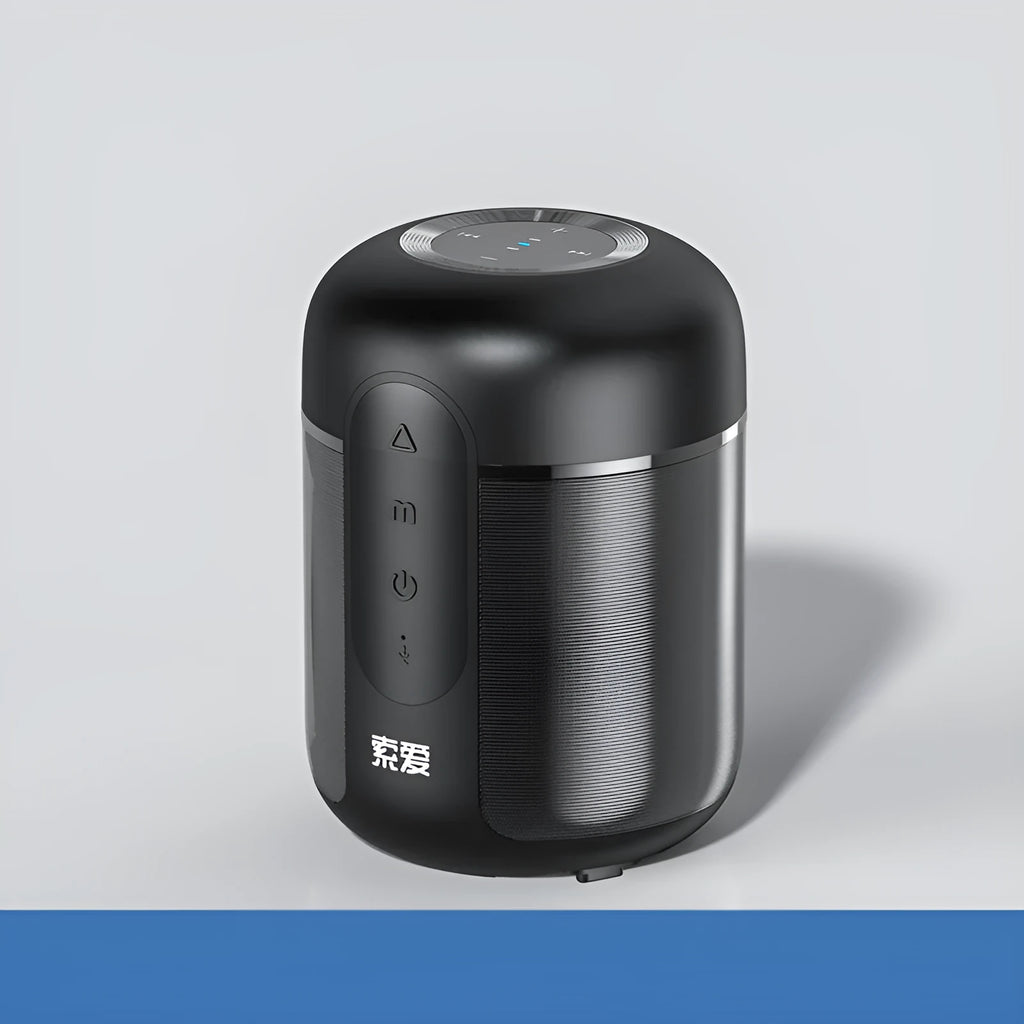 Black portable Bluetooth speaker showing front grill and controls, with scale indicating compact 72mm by 99mm size