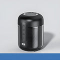 Black portable Bluetooth speaker showing front grill and controls, with scale indicating compact 72mm by 99mm size