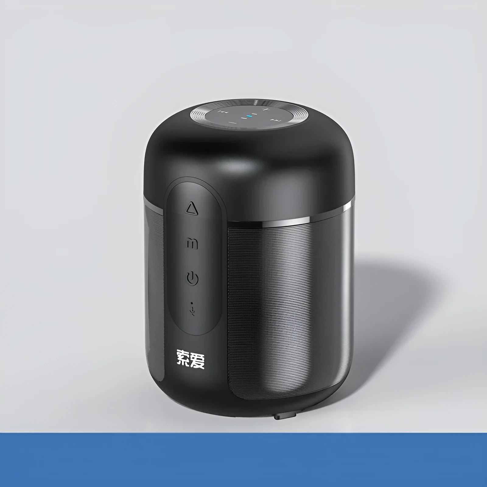 Black portable Bluetooth speaker showing front grill and controls, with scale indicating compact 72mm by 99mm size