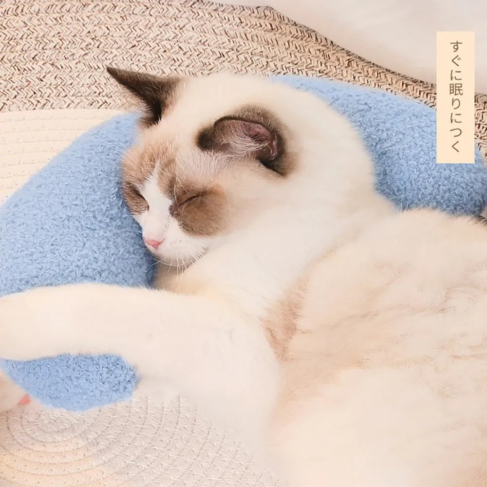 U-shaped blue cat pillow with adjustable collar for cervical support